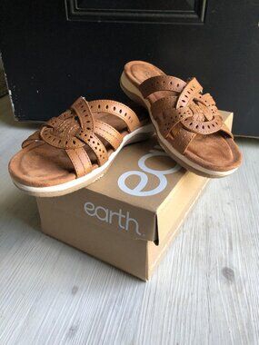 Earth Origins Women Strappy Slip on Sassoni Sandals 6.5 Cognac Tan Leather Comfy